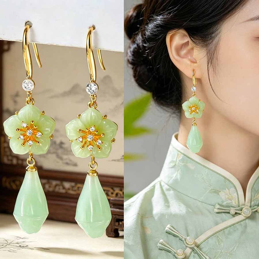ใหม่จีน Retro สีเขียว Magnolia ดอกไม้ต่างหูแฟชั่นหญิง High-End ดอกไม้ต่างหูยาว