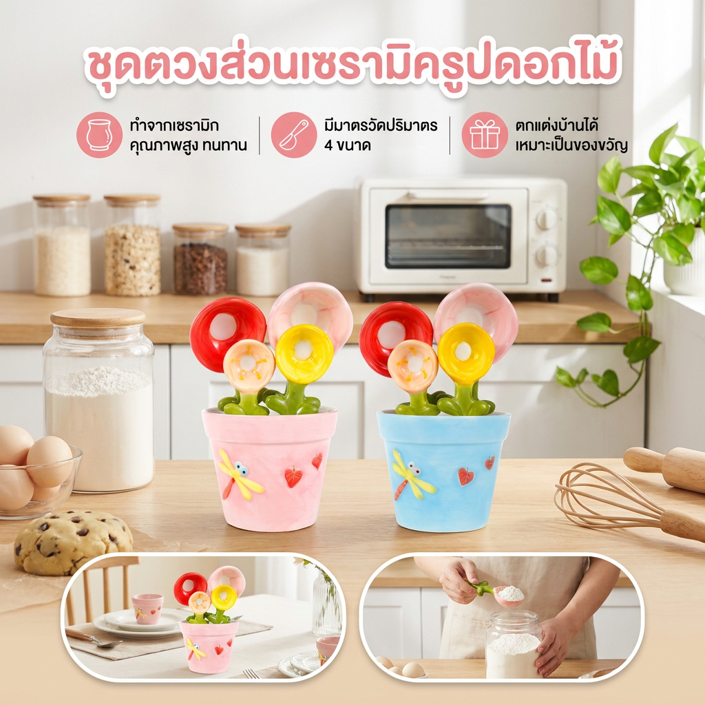 ชุดช้อนตวงเซรามิค ลายดอกไม้น่ารัก พร้อมฐานรอง สําหรับตกแต่งกระถาง 4 ชิ้น