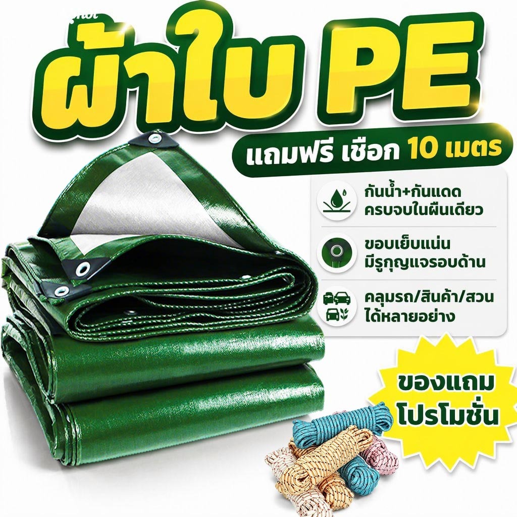 ผ้าใบ PE หนาเกรดA แถมเชือกฟรี ป้องกันน้ำ แสงแดด ฝุ่น มีรูตาไก่ หลายขนาด ใช้คลุมรถ โกดัง เต็นท์ แคมป์