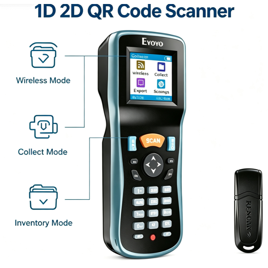 [TH stock] Eyoyo เครื่องสแกนบาร์โค้ดไร้สาย 1D 2D QR แบบมือถือ พร้อมตัวรับสัญญาณ USB และตัวอ่านบาร์โค้ด TFT LCD 2.2 นิ้ว