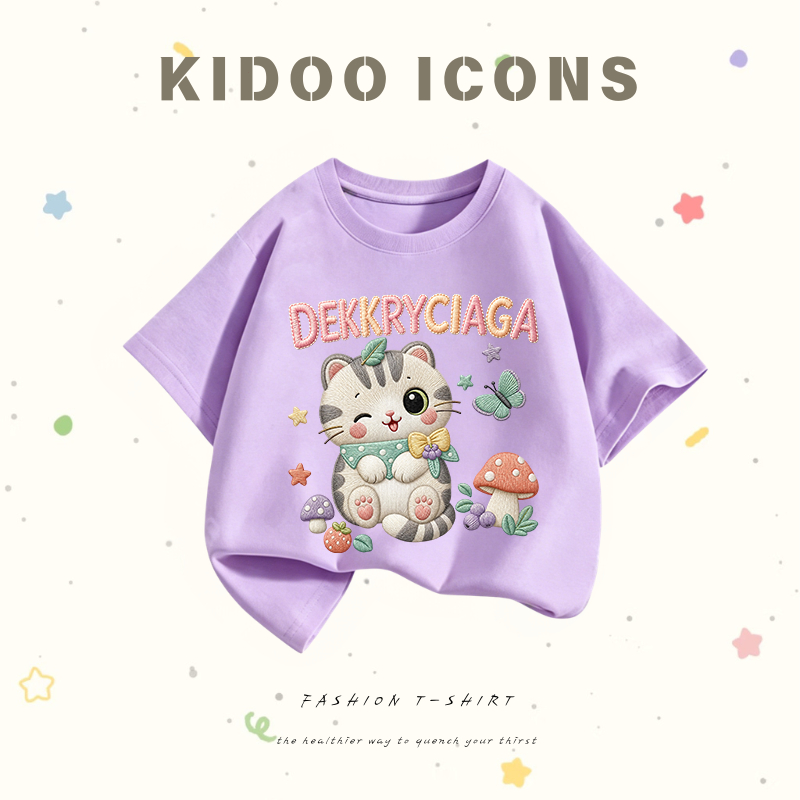 KIDOO ICONS เสื้อยืดเด็กคอกลม ผ้าฝ้ายแท้ 100% ลายแมวน่ารัก แขนสั้น สไตล์เกาหลี #A01+5729