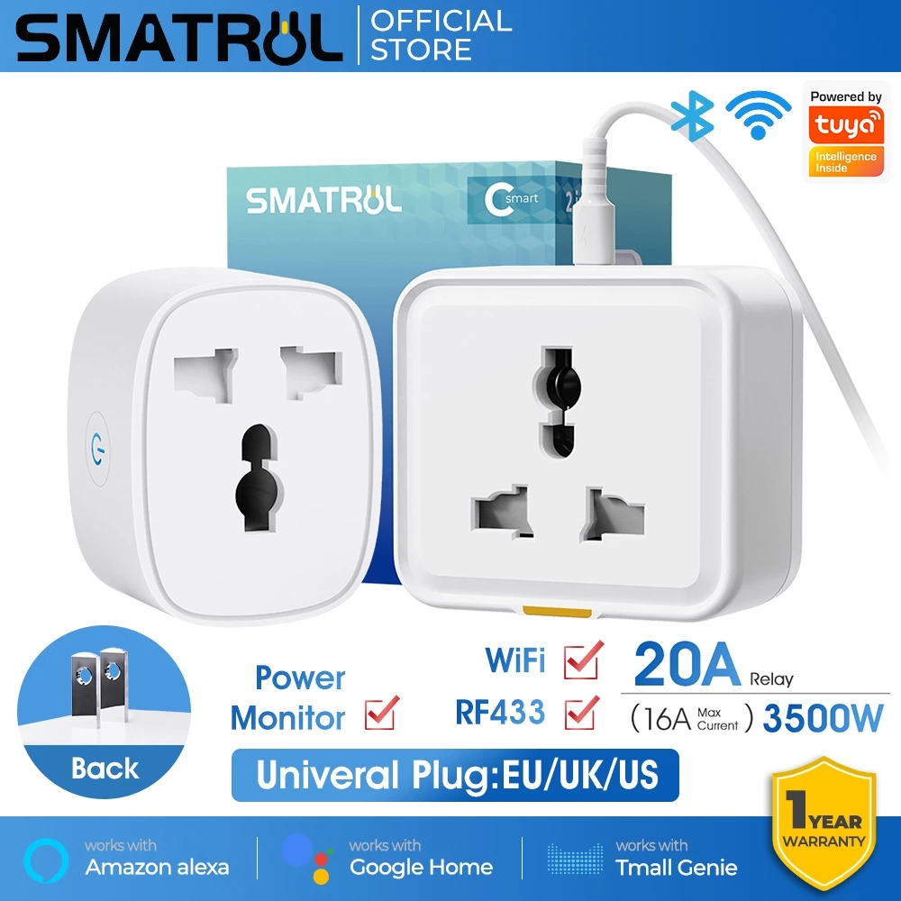 SMATRUL Power Monitor 16A Universal Tuya Wifi สมาร์ทซ็อกเก็ต US to EU UK Plug Outlet Adapter พร้อมตัวจับเวลา, Smart Life App, และ Power Voice