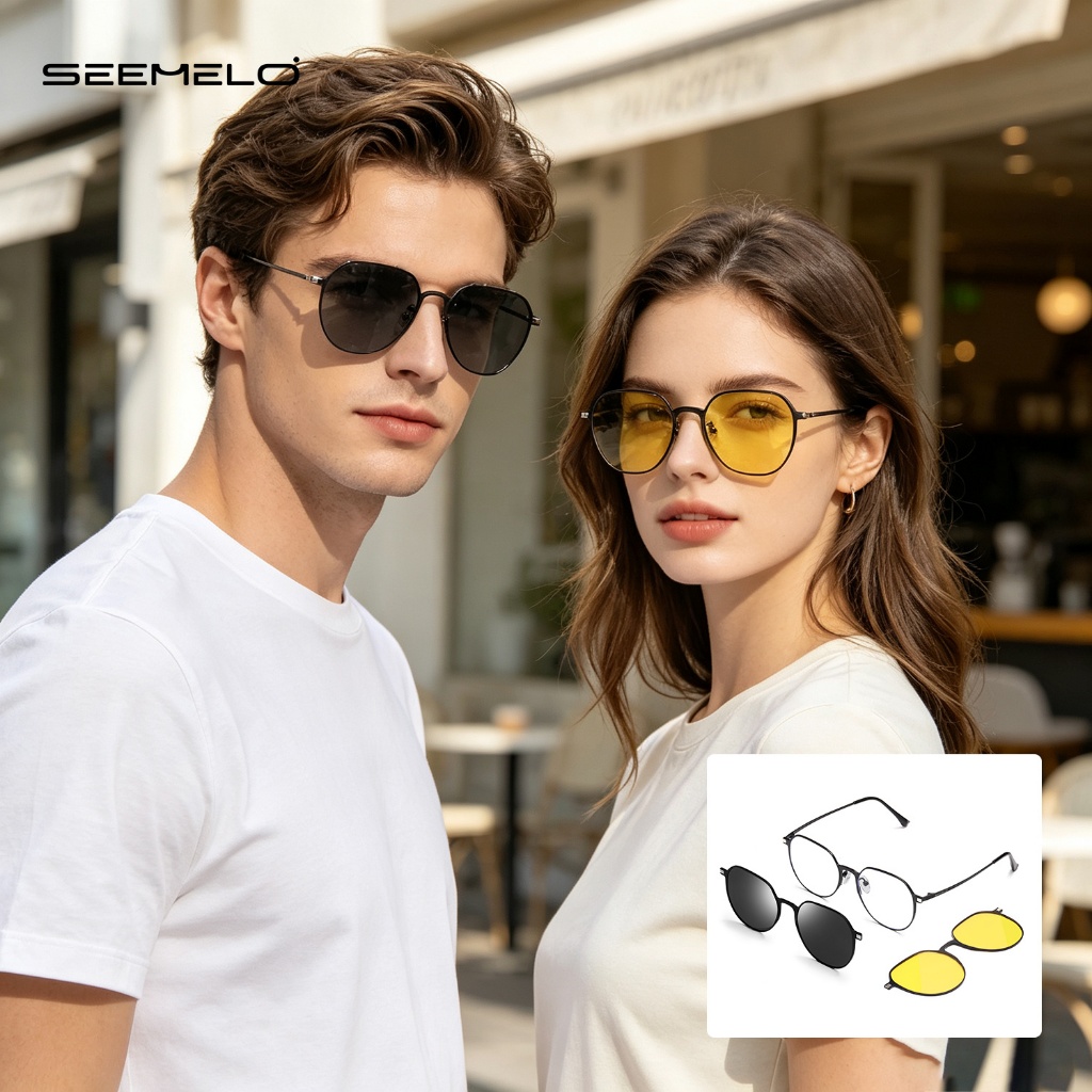 SEEMLO แว่นตากันแดด 3 In 1 ผู้ชายแว่นตากันแดดโพลาไรซ์แม่เหล็กแว่นตากันแดด Night Vision กรอบ 3 เลนส์ Unisex Anti-UV อัลตราไวโอเลต