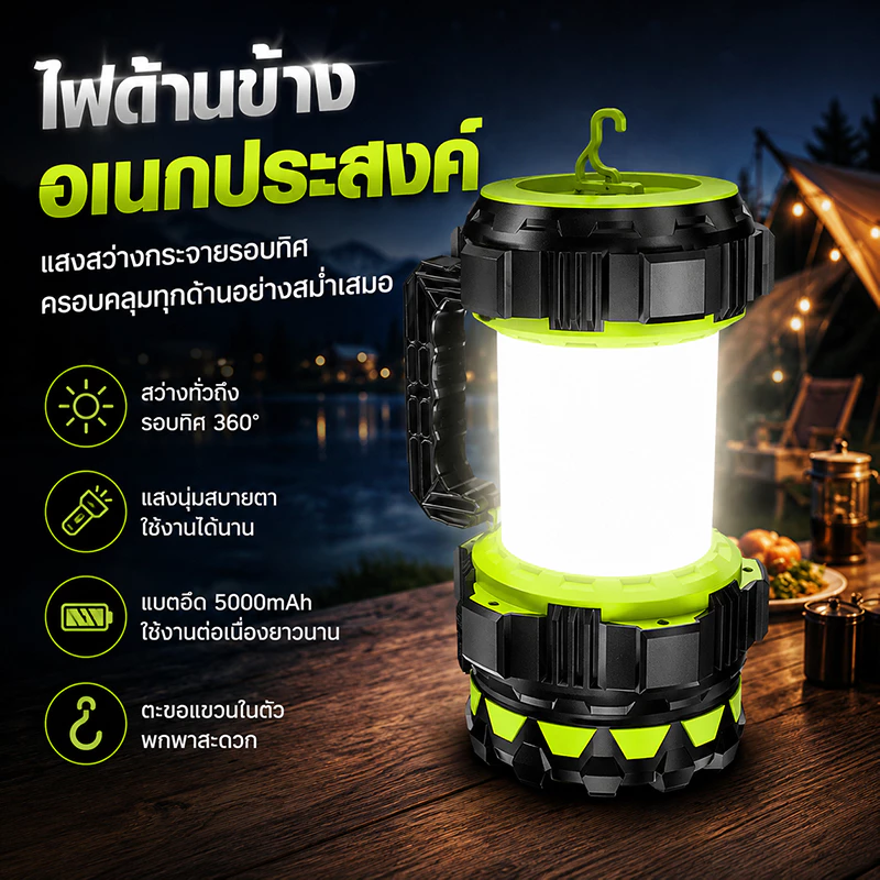 โคมไฟแคมป์ปิ้ง 2in1 ไฟฉาย LED 5000mAh ชาร์จมือถือได้ Type-C thumbnail 4