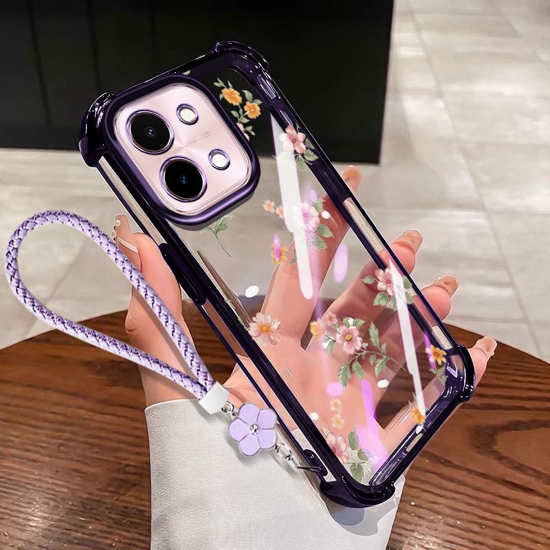 VRQR สําหรับ Oppo Reno 16 5G Reno16 F Reno16 Pro 5G 16F โรแมนติกดอกไม้เล็กๆโปร่งใสสี่มุมป้องกันโทรศัพท์กรณีเชือกดอกไม้