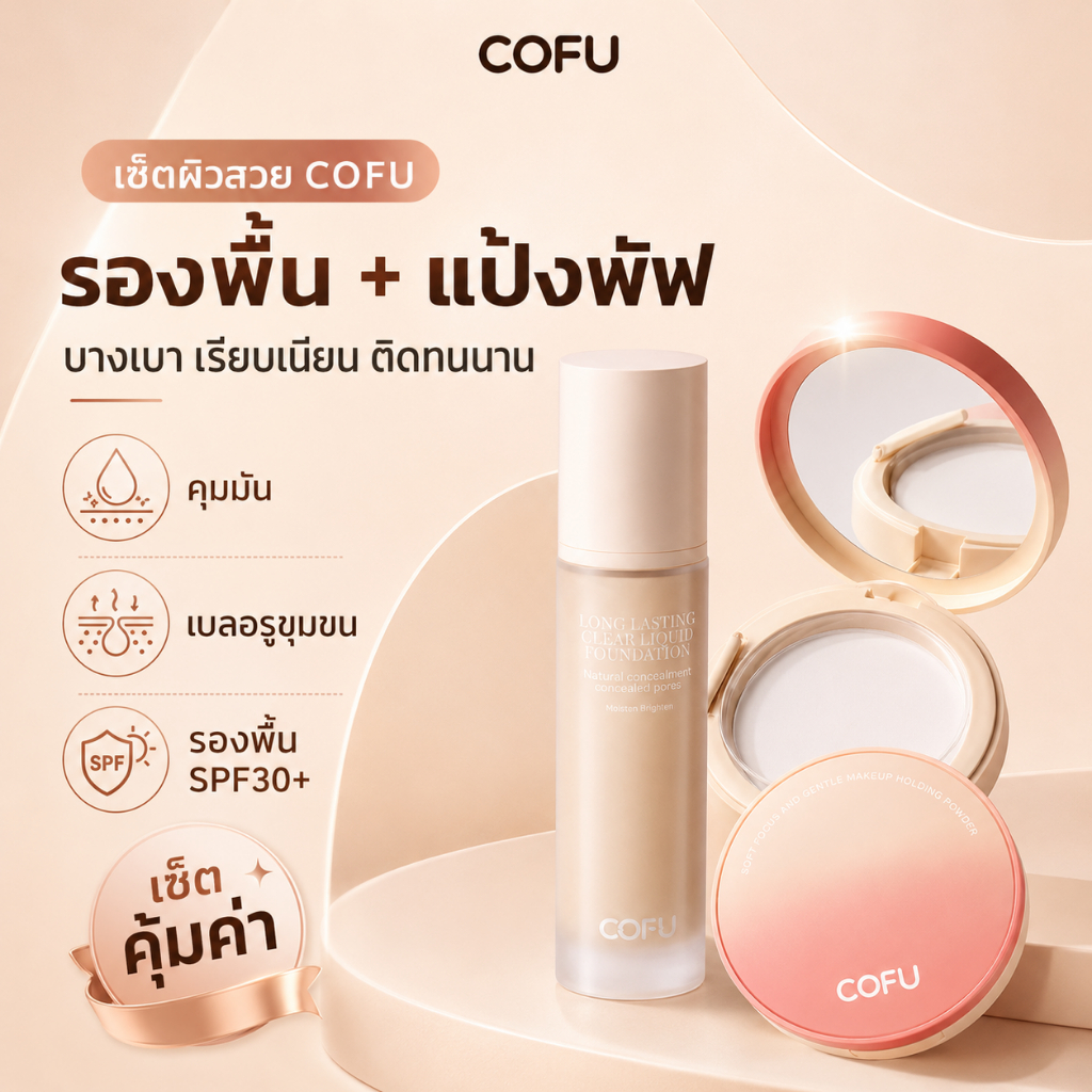 【COFU】Foundation & Powder Set เซ็ตรองพื้นและแป้งอัดแข็ง เนื้อเนียนละเอียด ปกปิดอย่างเป็นธรรมชาติ ติดทนนาน SPF30+