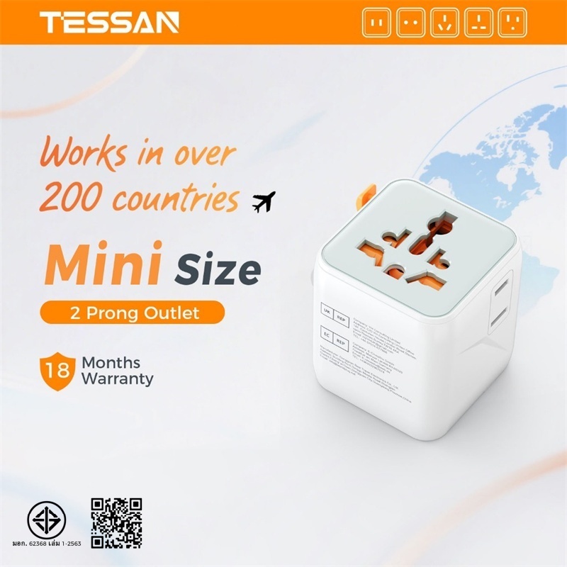 TESSAN Mini Travel Adapter Universal 2 Prong Outlet Charger Adaptor สําหรับ CHN/SG/KR/JP/AUS