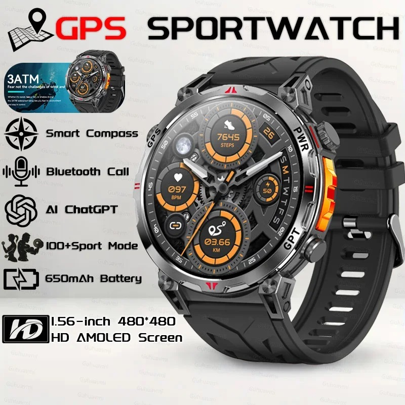 ใหม่กลางแจ้ง GPS GPT เข็มทิศสมาร์ทนาฬิกา 3ATM กันน้ําฟิตเนส Track Heart Rate BT Call Professional กี