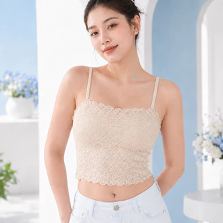 Qiaoaiti เสื้อกล้ามลูกไม้ เสื้อสายเดี่ยว บราสายเดี่ยว เสื้อครอป สายเดี่ยว มีฟองน้ำในตัว ผ้าไอซ์ซิลค์ ใส่สบาย
