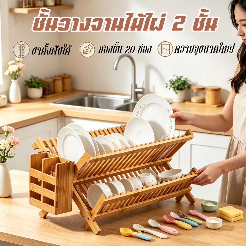 ที่คว่ําจาน แบบไม้ไผ่ 2 ชั้น พร้อมช่องใส่จาน 20 ช่อง ชั้นวางจาน ที่คว่ำแก้ว ไม้ไผ่ มินิมอล วางท่อระบายน้ำไม้เนื้อแข็งแรงเก็บห้องครัวชั้น