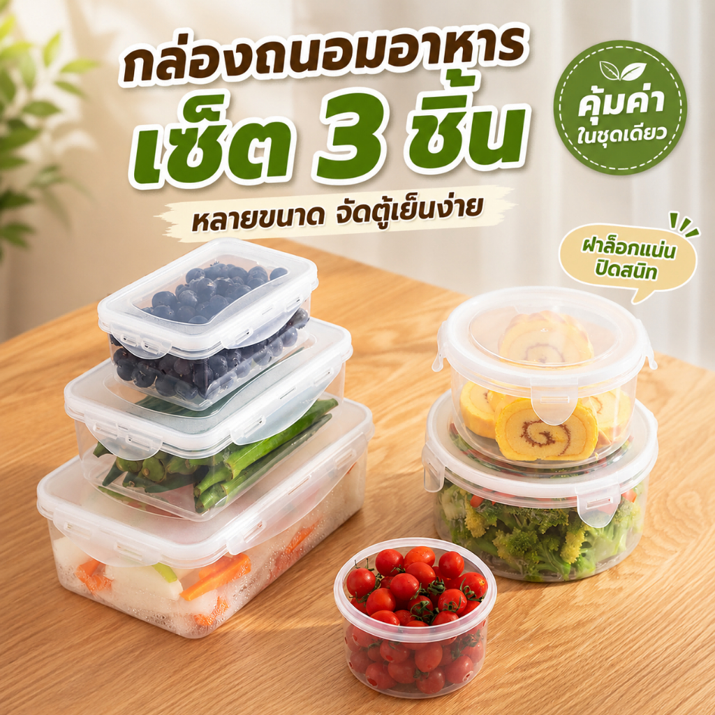 กล่องถนอมอาหาร เซ็ต 3 ชิ้น กล่องพลาสติก PP ใส หลายขนาด ฝาล็อ