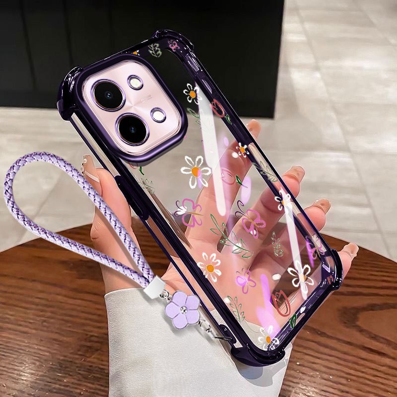 VRQR สําหรับ Vivo Y05 Y31d 4G Y11d Y21 Y11 5G สี่มุม Anti Drop Creative กลีบขนาดเล็กโปร่งใสเคสโทรศัพท์เชือกดอกไม้