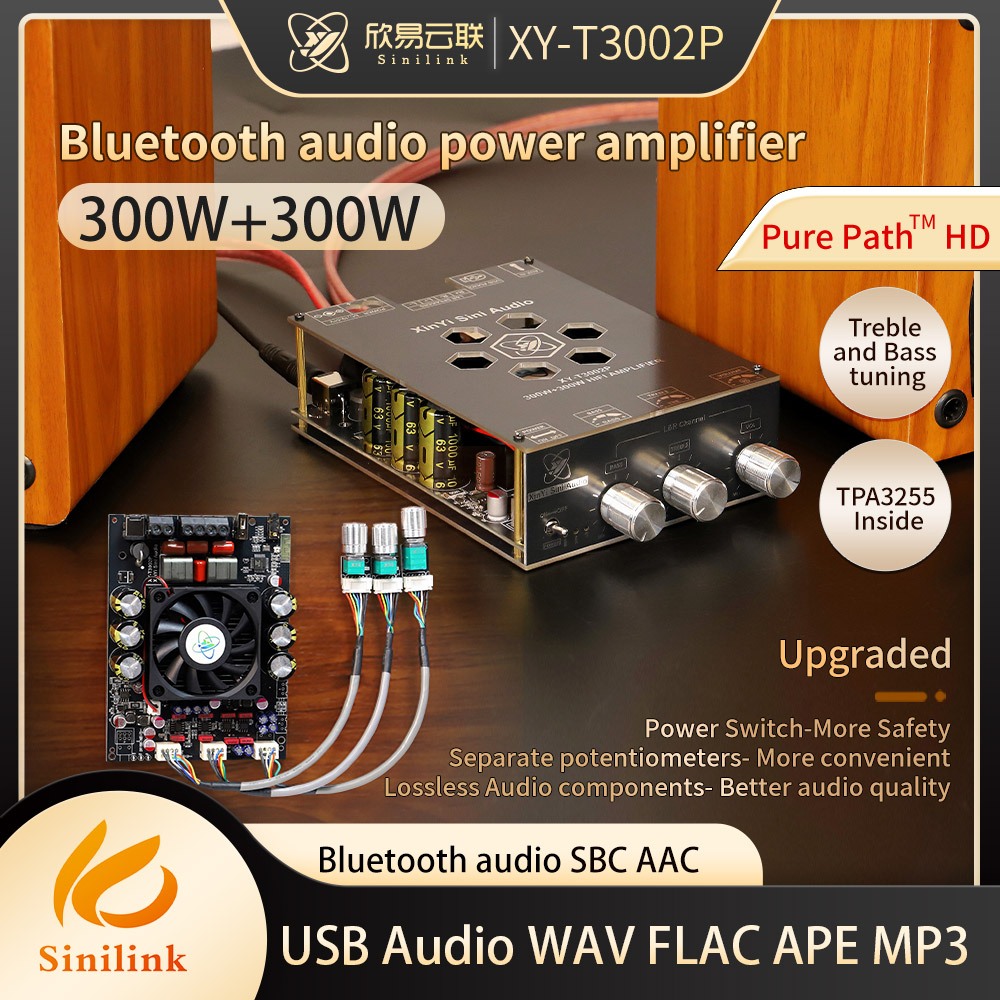 XY-T3002P อัพเกรด Dual Channel 300W บลูทูธเครื่องขยายเสียงดิจิตอลโมดูล,เบสและเสียงแหลมปรับ,นําเข้า T