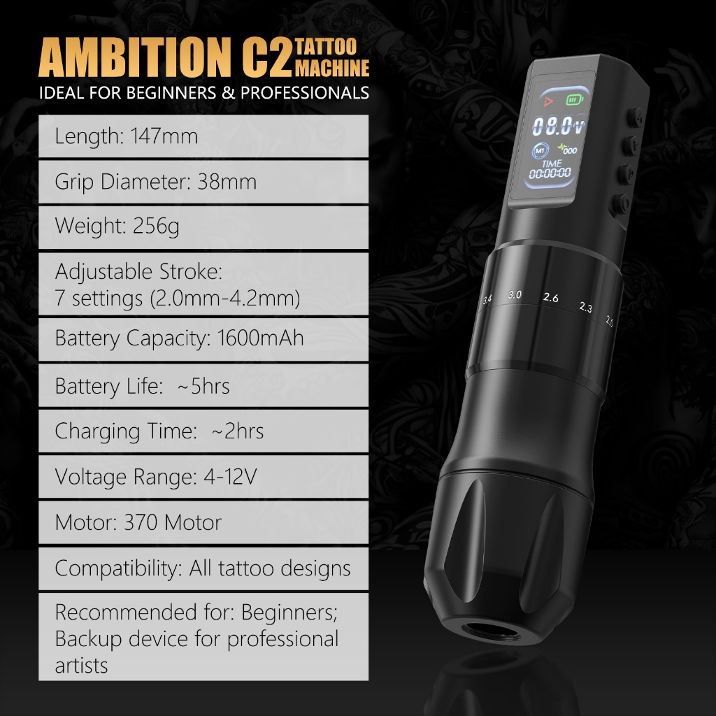 AMBITION C2 เครื่องสักไร้สาย 1600mAh อายุการใช้งานแบตเตอรี่ยาวนาน + มอเตอร์ถ้วยกลวง 7 ระดับเงียบเสถียร