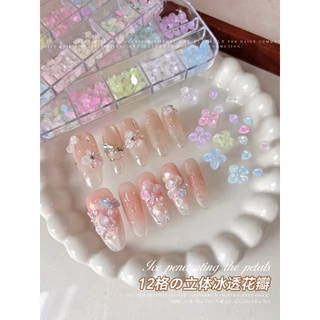 Rou Bao 12 กริดเล็บน้ําแข็งผ่านกลีบดอกไม้ DIY เล็บ Art Charms ตกแต่ง