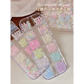 Rou Bao 12 กริดเล็บน้ําแข็งผ่านกลีบดอกไม้ DIY เล็บ Art Charms ตกแต่ง