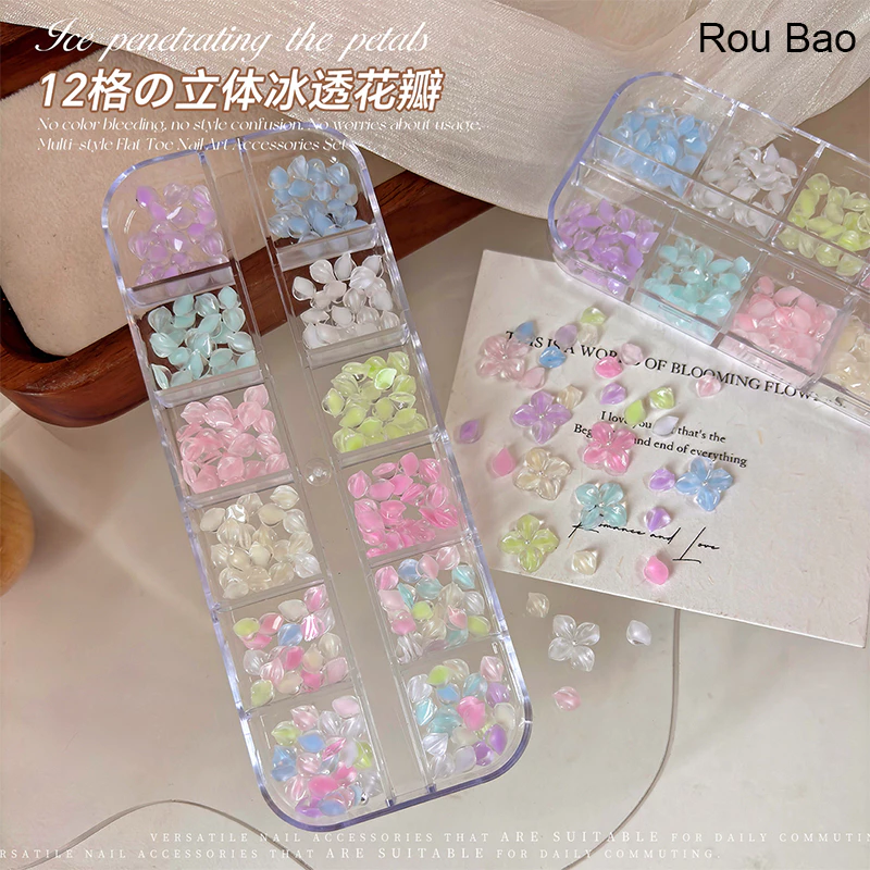 Rou Bao 12 กริดเล็บน้ําแข็งผ่านกลีบดอกไม้ DIY เล็บ Art Charms ตกแต่ง