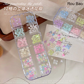 Rou Bao 12 กริดเล็บน้ําแข็งผ่านกลีบดอกไม้ DIY เล็บ Art Charms ตกแต่ง
