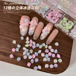 Rou Bao 12 กริดเล็บน้ําแข็งผ่านกลีบดอกไม้ DIY เล็บ Art Charms ตกแต่ง