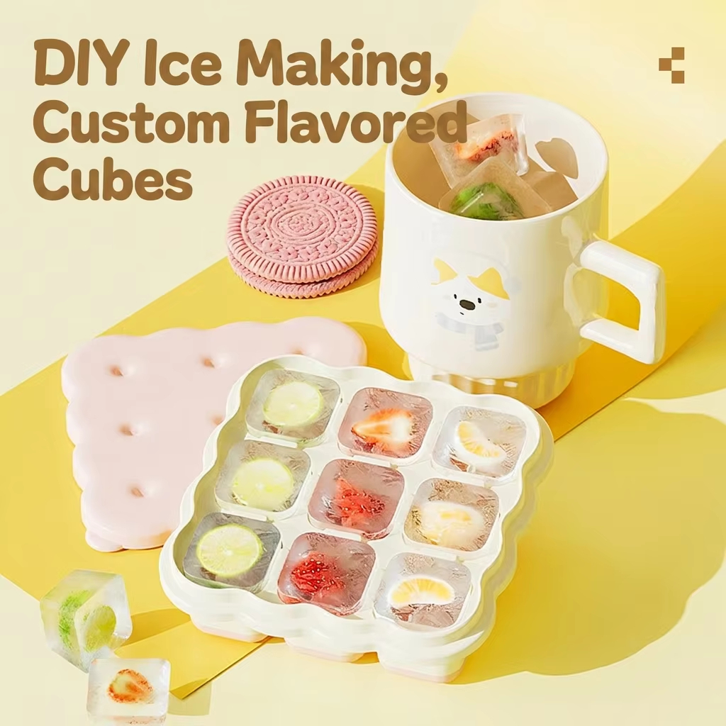 ถาดน้ําแข็ง DIY รูปคุกกี้น่ารัก เกรดอาหาร PP กันฝุ่น 9-Grid แม่พิมพ์พร้อมฝาปิด, อุปกรณ์เสริมตู้แช่แข็งที่วางจําหน่ายง่าย