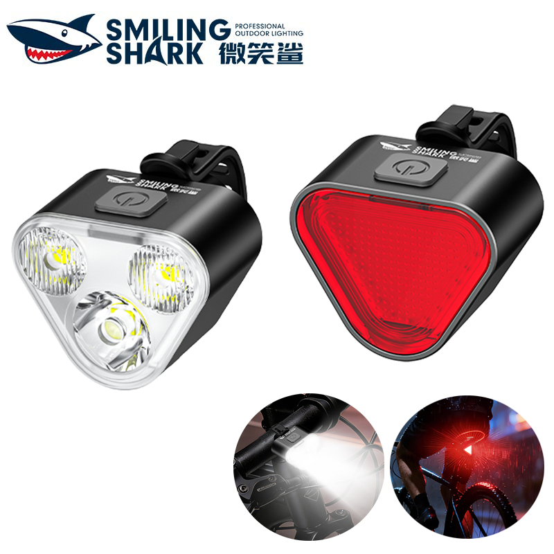 SMILING SHARK QXD345 1ชุดไฟจักรยาน  ไฟท้ายสีแดง, ไฟจักรยานด้านหน้า 6 โหมด & 5 โหมดไฟท้ายสีแดง, Type-C ชาร์จน้ําหนักเบากันน้ําสําหรับขี่จักรยานกลางคืนขี่