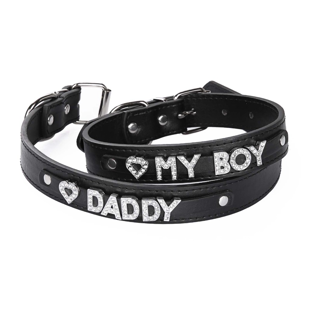 ผู้ชาย PU หนัง Choker COLLAR ปรับสีดําสายคล้องคอ Rhinestone Letter แฟชั่น COLLAR