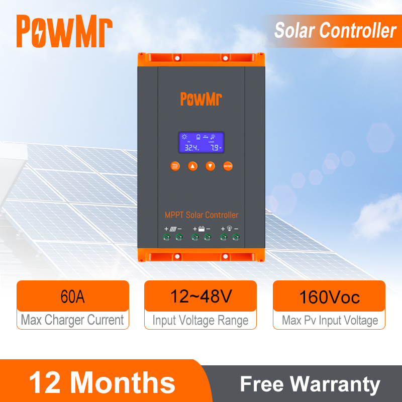 PowMr 2024 ใหม่ 100% Mppt 60A Solar Charge Controller 12v-48v Auto 160vdc lcd พัดลมสนับสนุนขนานสูงสุด 12 หน่วยสนับสนุน Lead Acid แบตเตอรี่ลิเธียมอุณหภูมิ Compensation