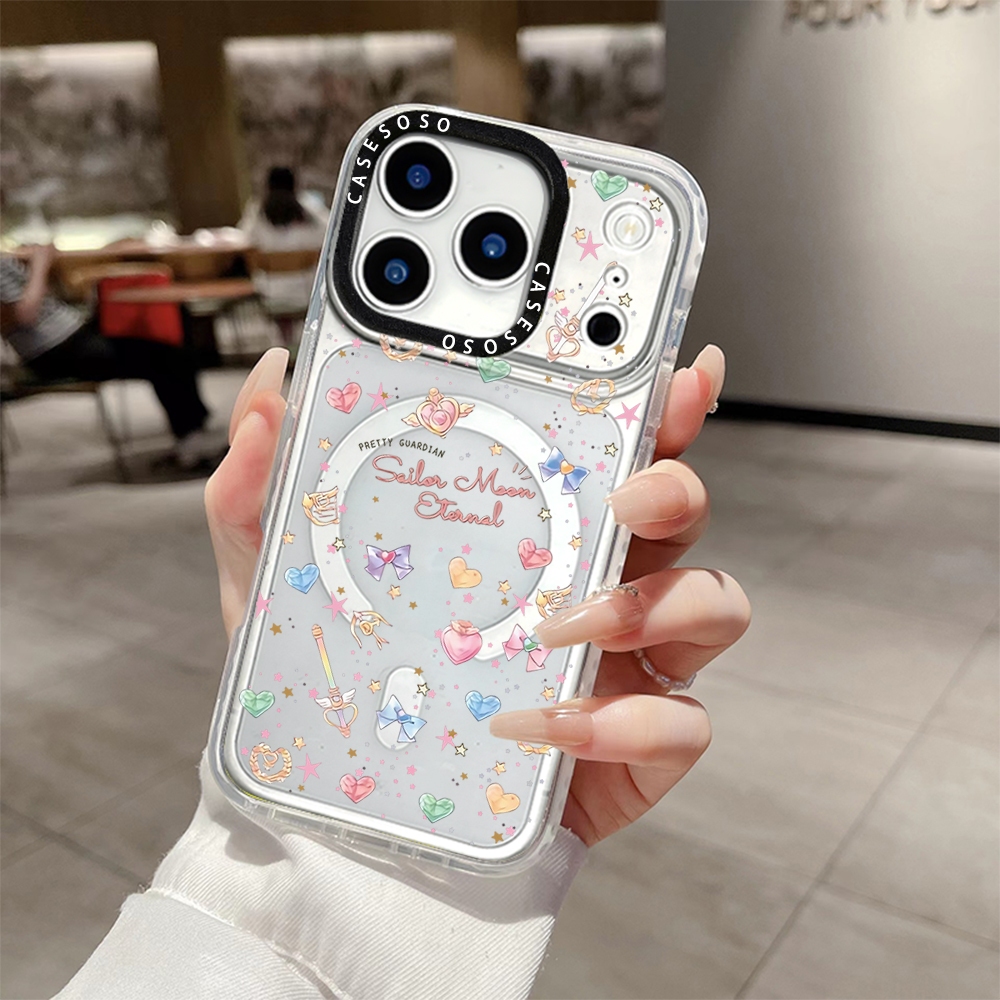 Screenful Sailor Moon Loving Heart สติกเกอร์ไร้สายชาร์จแม่เหล็กสําหรับ IPhone 15PLUS 11 12 13 16 17 Pro Max ฝาครอบ 16E 17Air ซิลิโคนนุ่มกันชนใสกันกระแทก