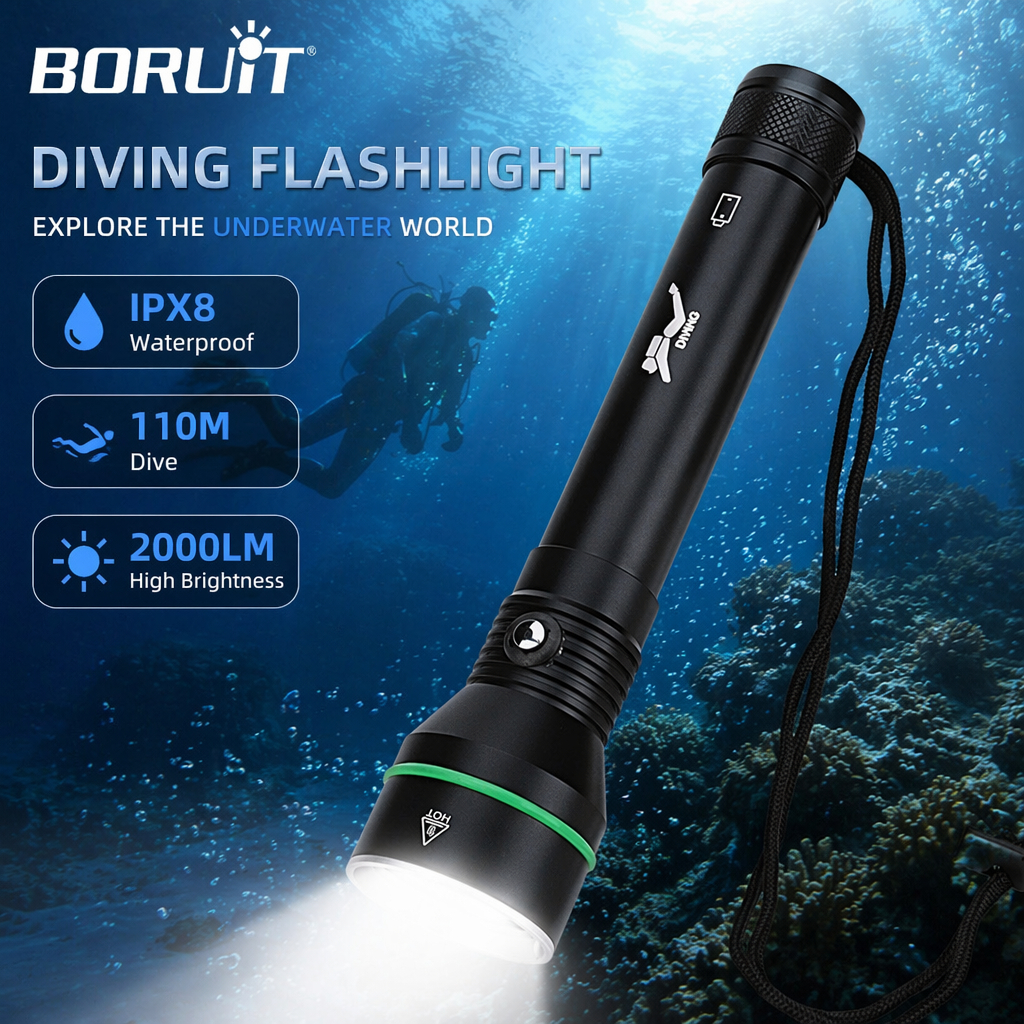Boruit S5 ไฟฉายดําน้ํา Super Bright 2000LM ไฟดําน้ําดําน้ําพร้อมเชือกมือมืออาชีพ Submersible