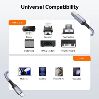 SUNKANDI Type-C ถึง USB-B สายเคเบิลข้อมูลเครื่องพิมพ์พร้อมอะแดปเตอร์ USB-C เหมาะสําหรับโน้ตบุ๊ค Universal สําหรับเครื่องพิมพ์
