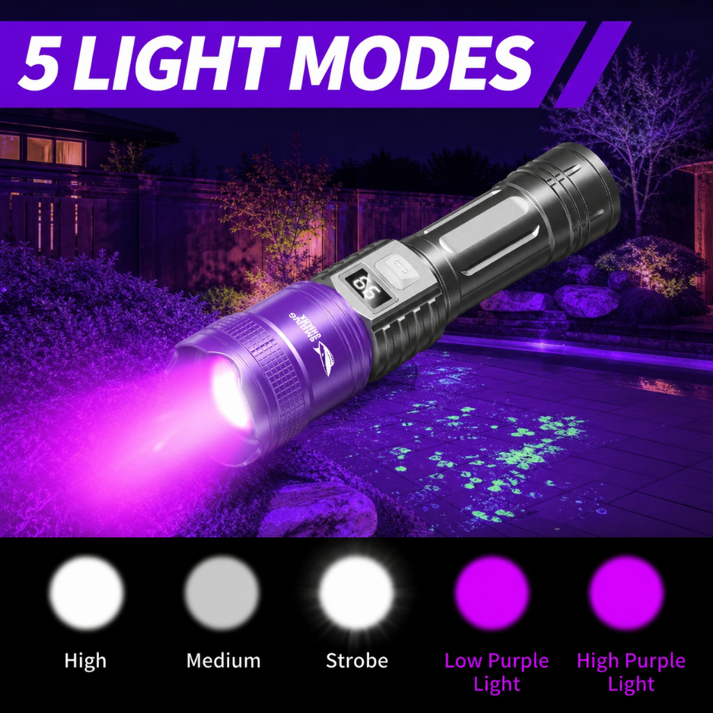 SMILING SHARK UV Light ไฟฉายแบบชาร์จไฟได้ 395nm แสงสีม่วง Scorpion Light LED 5 โหมด Type-c ไฟฉายกันน้ํากลางแจ้ง SD5252 — صورة 6
