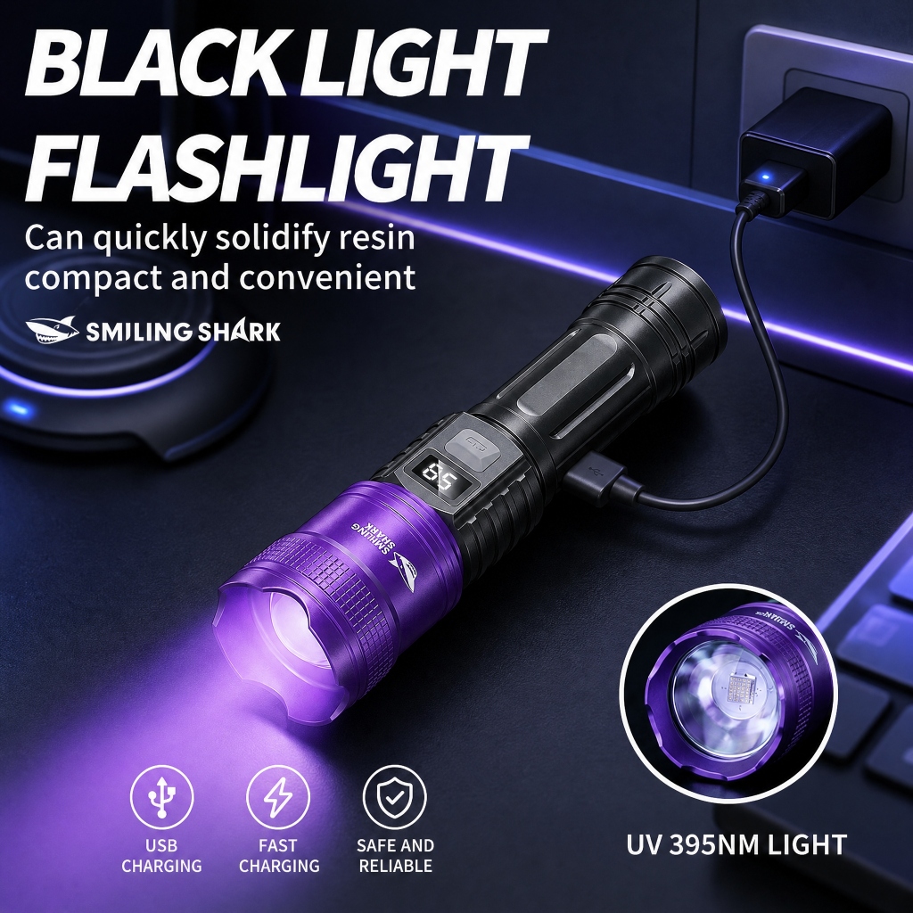SMILING SHARK UV Light ไฟฉายแบบชาร์จไฟได้ 395nm แสงสีม่วง Scorpion Light LED 5 โหมด Type-c ไฟฉายกันน้ํากลางแจ้ง SD5252 — صورة 5
