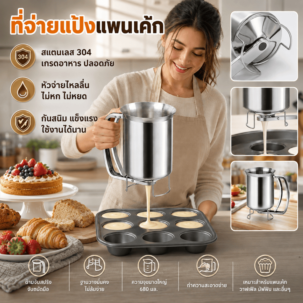 【คลังในประเทศ+COD】เครื่องหยอดแป้งสแตนเลส อุปกรณ์เบเกอรี่ ทำแพนเค้ก มัฟฟิน คัพเค้ก วาฟเฟิล แครป ขนมหวาน เครื่องครัว