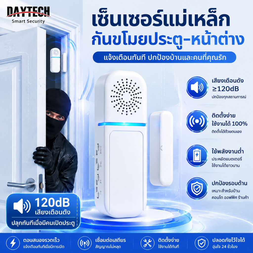 Daytech ประตูนาฬิกาปลุกหน้าต่างสําหรับ Home Security เด็กความปลอดภัย, ประตูเปิดนาฬิกาปลุก Contact 120 dB การแจ้งเตือน 5 โหมดคุณสมบัติ Burglar Anti-Theft สําหรับความปลอดภัยของเด็ก/บ้าน/สํานักงาน/DA08