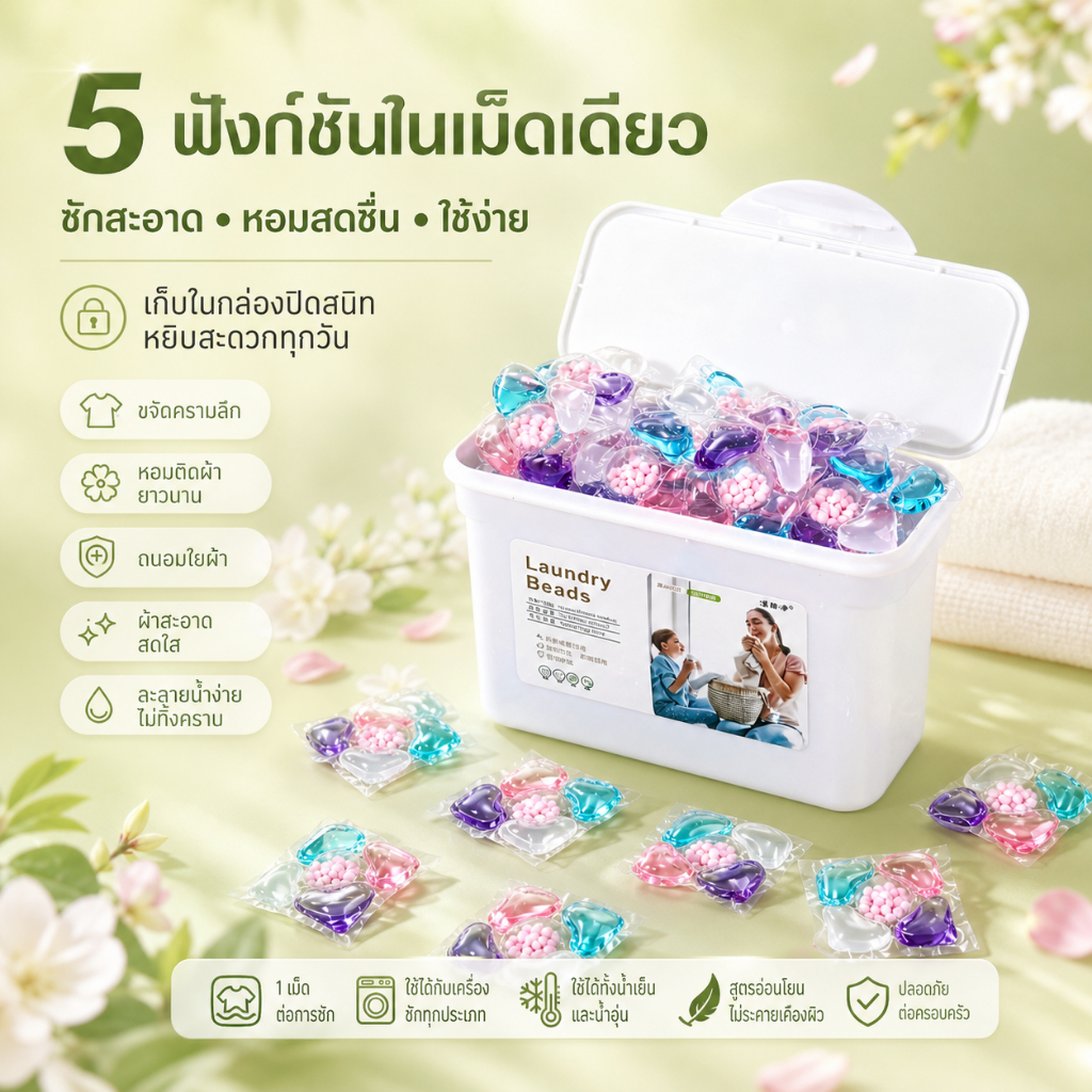 น้ำยาซักผ้าแบบรวม 5 ใน 1 มีความเข้มข้นสูงถึง 10 เท่า ช่วยขจัดคราบสกปรกและฆ่าเชื้อโรคได้ 99.9% ป้องกันการลอกสี ทำให้เสื้อผ้านุ่มสบาย และคงกลิ่นหอมได้นาน เหมาะสำหรับเด็กและผู้ใหญ่ ใช้ได้หลากหลายสถานการณ์ ครอบคลุมทุกคนในครอบครัว
