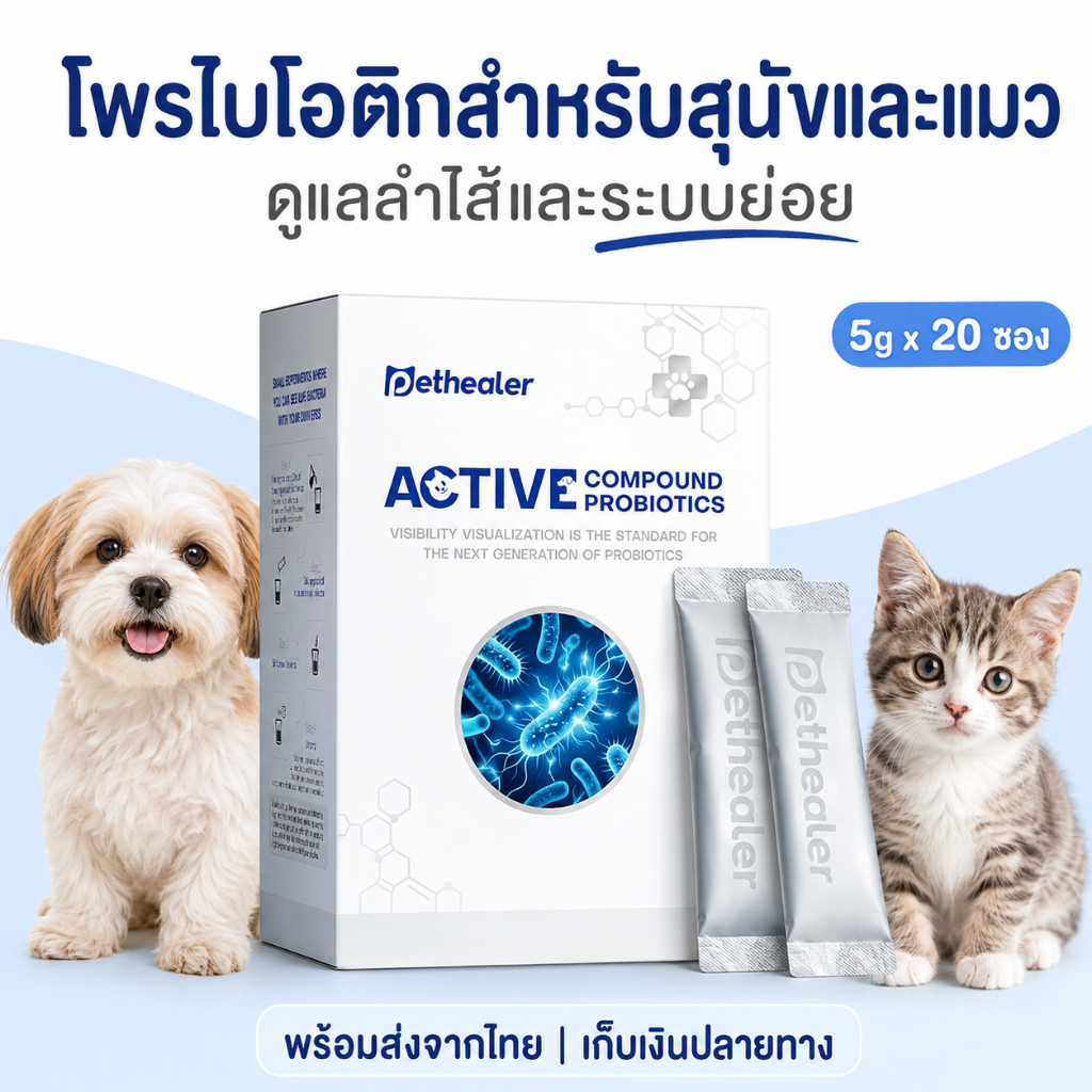 PETHEALER โปรไบโอติกสุนัขและแมว 5g x 20 ซอง อาหารเสริมดูแลลำไส้และระบบย่อย ผสมอาหารง่าย