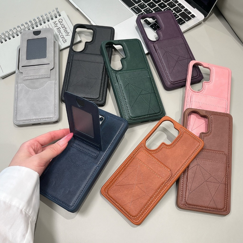 แฟชั่นช่องใส่การ์ด Stand Holder ฝาหลังสําหรับ Samsung Galaxy S24 S25 S26 Ultra กรณีหนัง PU กันกระแทกธุรกิจ