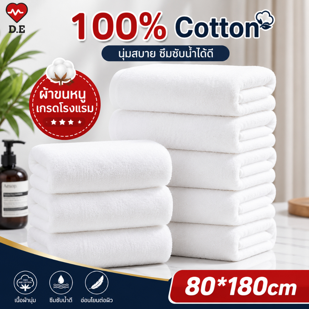 ผ้าเช็ดตัวใหญ่ เกรดโรงแรม Cotton 100% ขนาด 80x180ซม. ผ้าหนา นุ่ม ซับน้ำดี แห้งไว ต้านเชื้อแบคทีเรีย