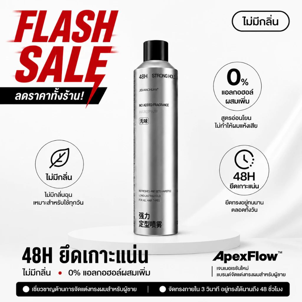 ApexFlow สเปรย์จัดทรงผมไร้กลิ่น ยึดทรงแน่น 48ชม. เพิ่มวอลลุ่ม น้ำหนักเบา เนื้อแมท