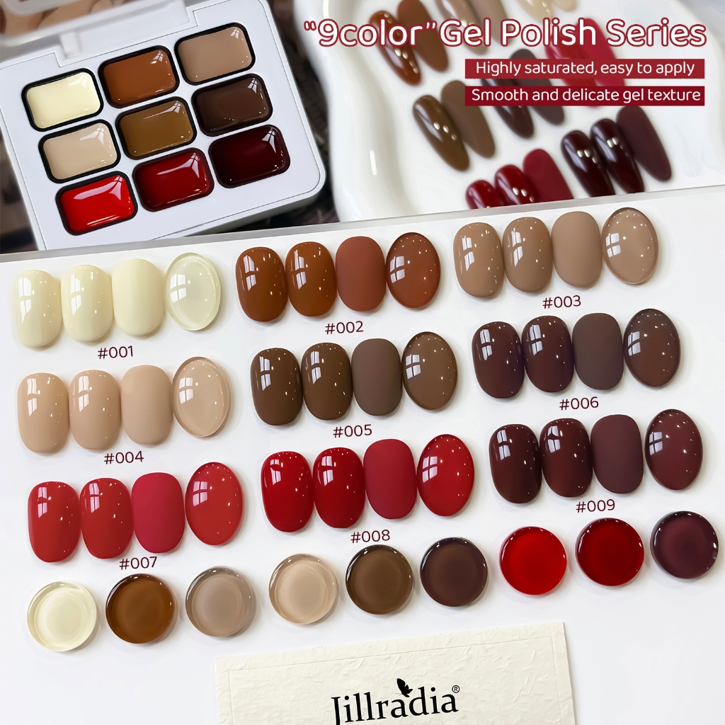 JILLRADIA - New Retro-Style Earthy Brown-Red Gel Nail Polish, ชุด 9 สี เหมาะสำหรับใช้ทุกวัน