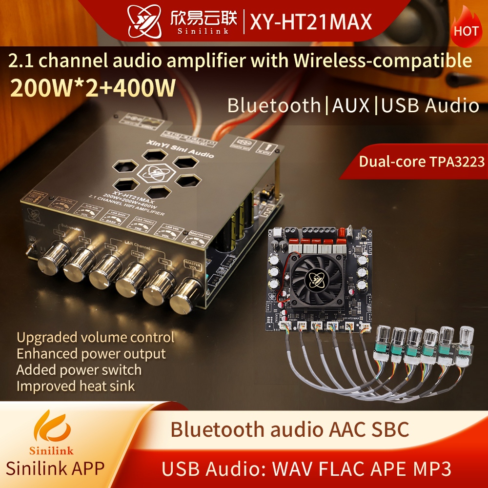XY-HT21MAX อัพเกรด 2.1 ช่องบลูทูธเครื่องขยายเสียง, 200W2 + เอาต์พุต 400W, Bass & Treble ปรับ, ชิป TP