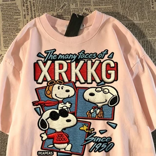 BOOM เสื้อคอกลมฤดูร้อน ผ้าฝ้าย 100% Snoopy ลายการ์ตูน ระบายอากาศดี สวมใส่สบาย เสื้อยืดชายหญิงแขนสั้น