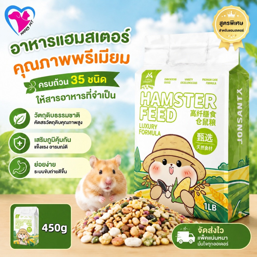 Happy Pet สำหรับแฮมเตอร์ทุกสายพันธุ์ อาหารหนูแฮมเตอร์ อร่อยมาก สูตรข้าวโอ๊ตจากธรรมชาติ
