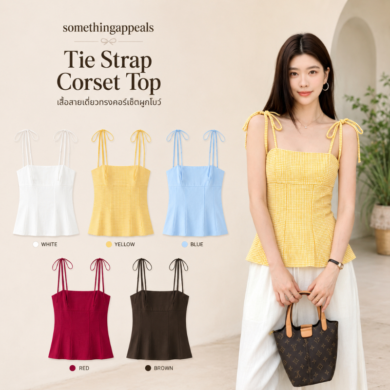 somethingappeals Tie Strap Corset Top เสื้อกล้ามสายผูกโบว์คอเหลี่ยม ทรงคอร์เซตรัดเอวปลายปีกปลาใส่ไปเที่ยว