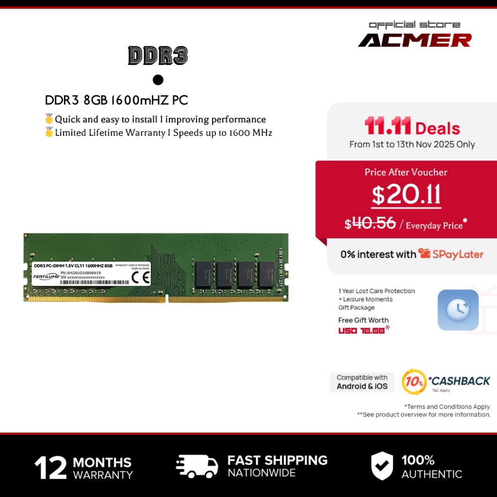 Fertilume 8GB DDR3L / DDR3 1600MHz (DDR3L-1600) PC3L-12800 / PC3-12800 (PC3-12800U) Non-ECC Unbuffered 1.35V / 1.5V CL11 240 Pin U โมดูลหน่วยความจําคอมพิวเตอร์ RAM