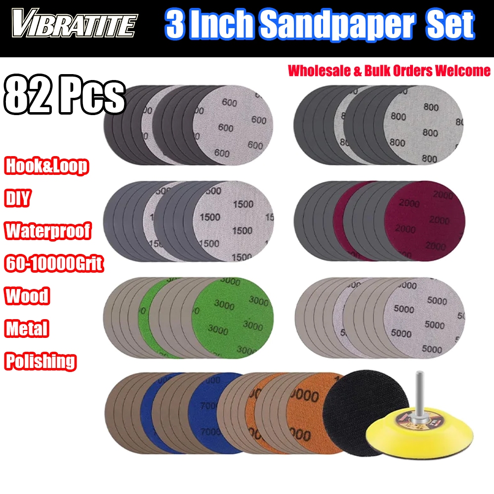 กระดาษทรายเปียกและแห้ง 3 นิ้ว 82 ชิ้น Hook & Loop Sanding Discs คละ 600/800/1000/1500/2000/3000/5000/7000Grit สําหรับขัด