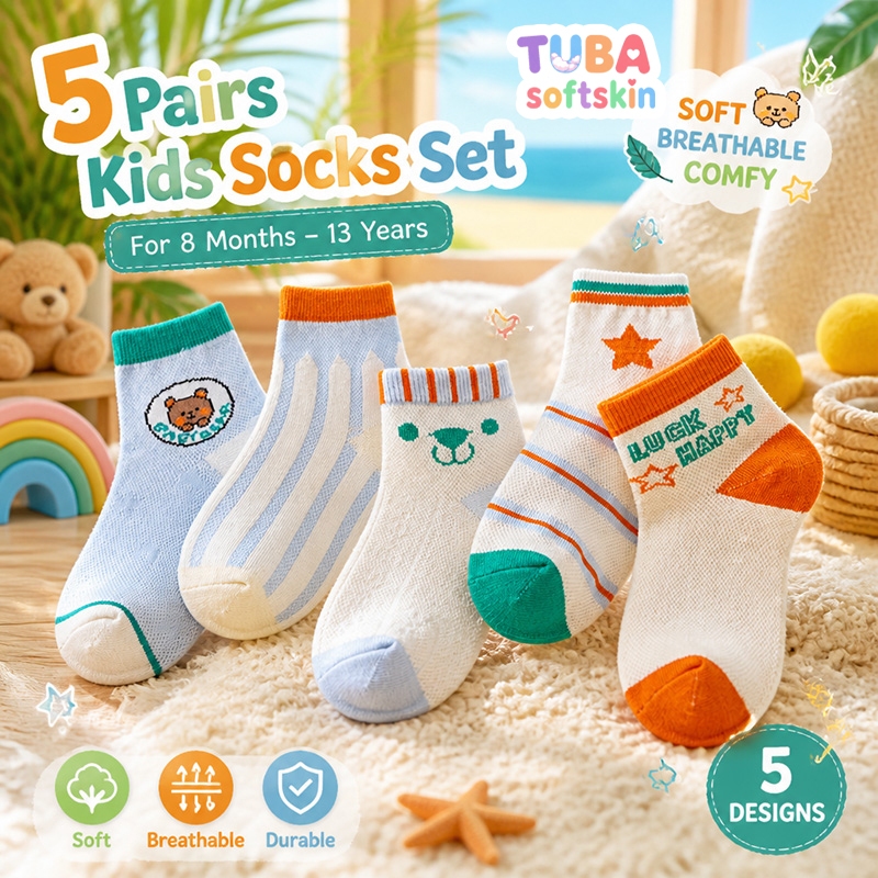【ส่งด่วน】🧦 Kids Mesh Socks 5 คู่การ์ตูนพิมพ์เด็กวัยหัดเดิน Breathable Crew Socks ขนาด 1-12 Yrs เก่า