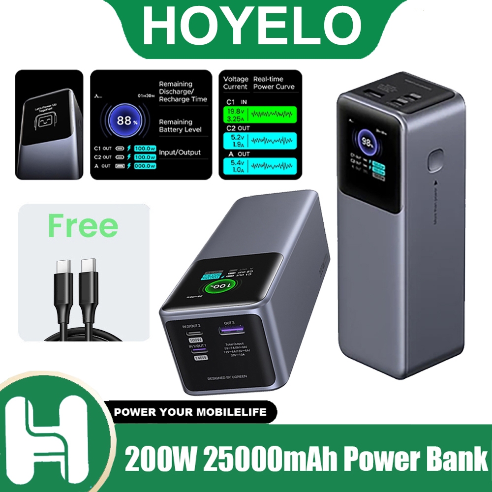 HOYELO & GREEN 200W 25000mAh แล็ปท็อป Power Bank ชาร์จเร็วสุด 100W PD3.1