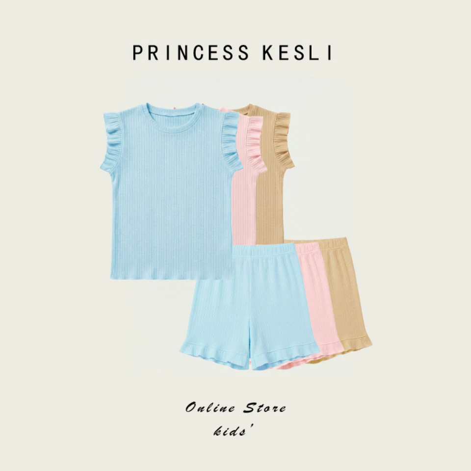 Princess Kesli ชุดเด็กผู้หญิงสีฟ้า ชุดเด็กแฟชั่น แขนระบาย เสื้อสายเดี่ยว+กางเกงขาสั้น สไตล์เกาหลี สําหรับเด็กผู้ 2-12 ปี