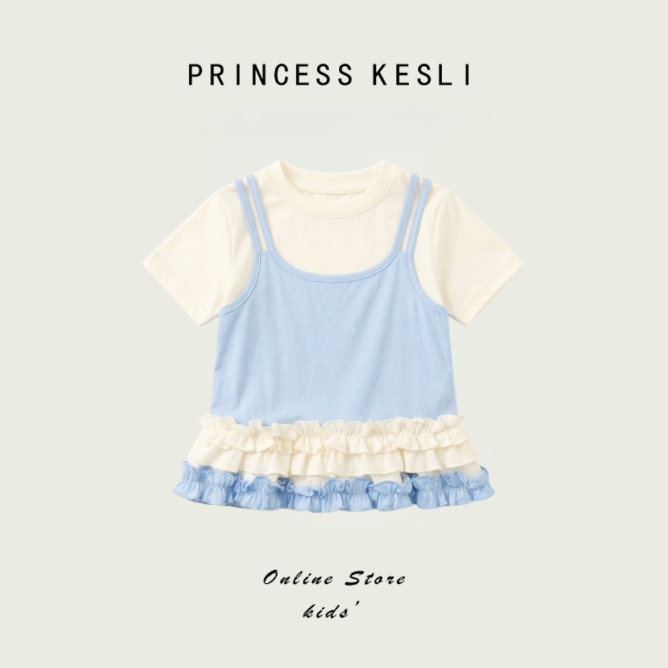 Princess kesli เสื้อยืดสไตล์เกาหลีใหม่ เสื้อเชิ้ตแขนยาวลําลองแขนสั้นสําหรับเด็กผู้หญิง ฤดูร้อน เสื้อสีฟ้าเด็กผู้หญิง 2-12 ปี